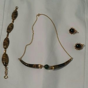 Vintage Genuine Tiger Eye & Jade 3 Piece Set - Bracelet, Earrings & Necklace